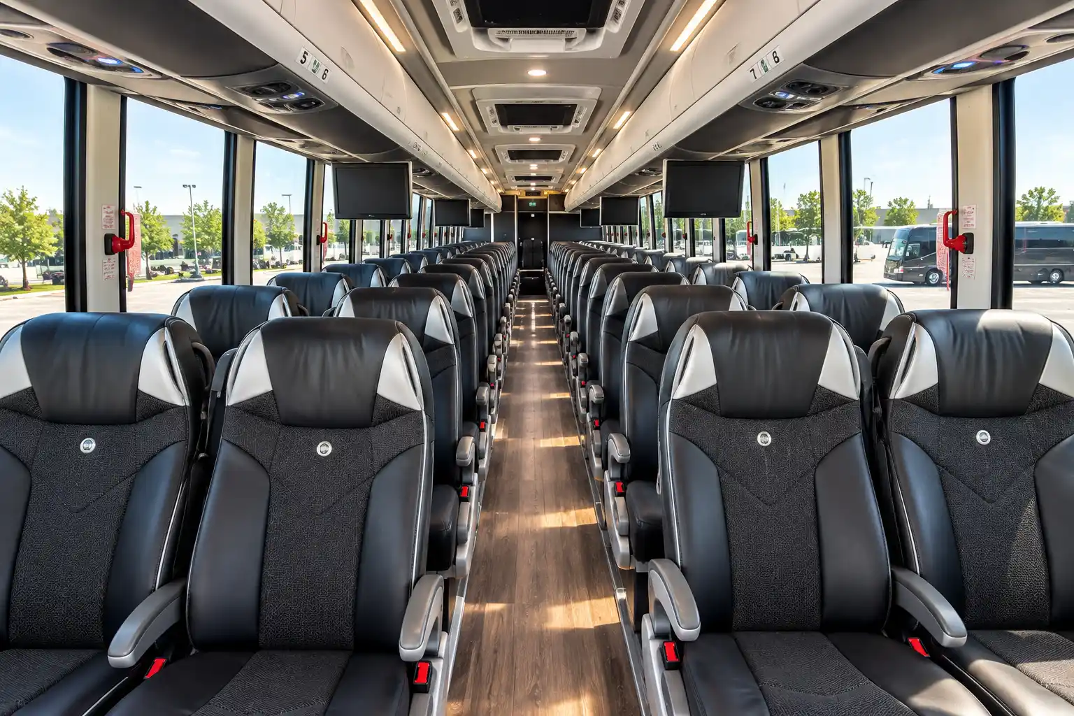 Reclining seats and overhead storage inside a 56-passenger motor coach