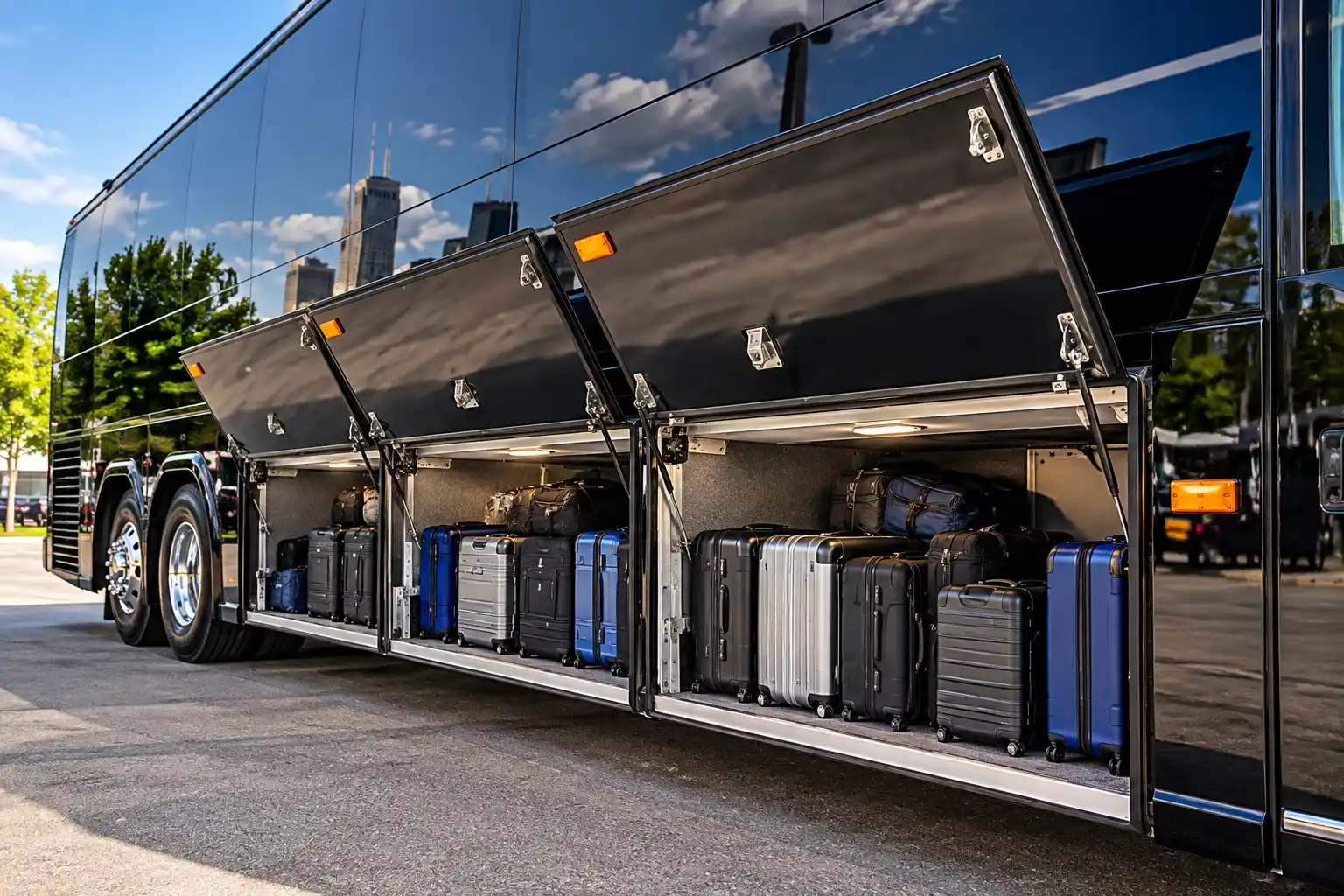 Open under-floor luggage bays on a charter motor coach