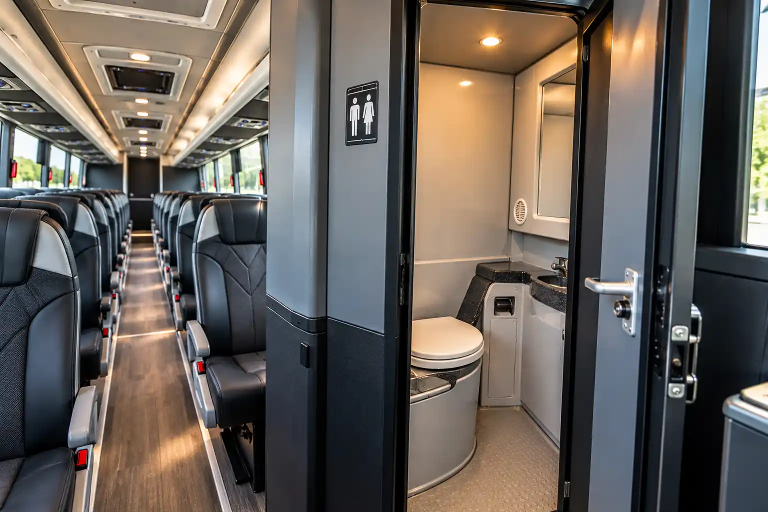 Onboard restroom on a charter motor coach for long-distance trips from New York
