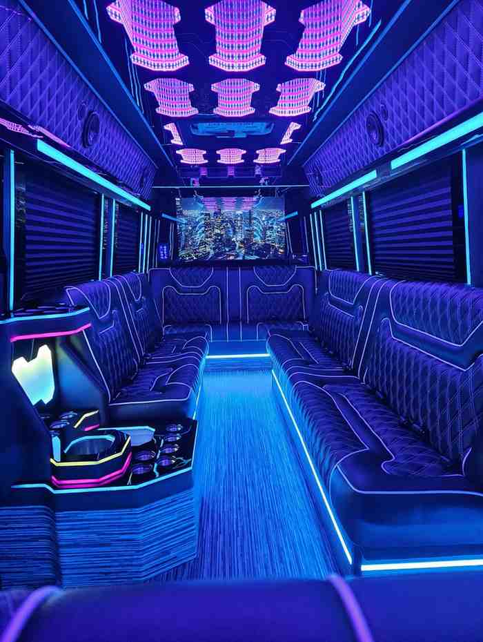 Luxury Mercedes Sprinter party limo interior with LED lighting